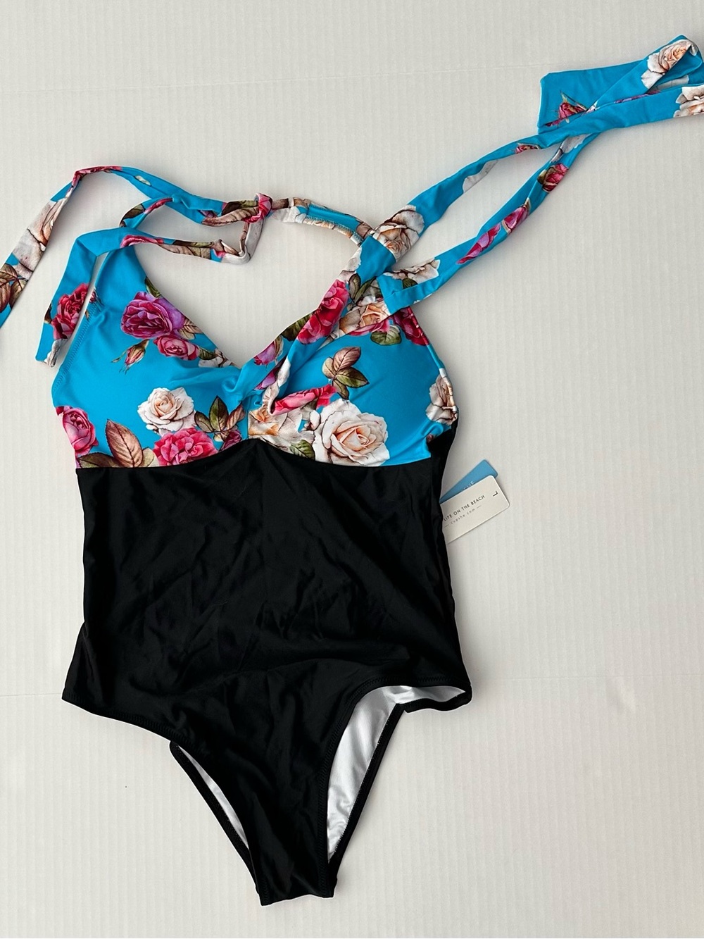Cupshe Turquoise Floral Halter One-Piece with Black Bottom